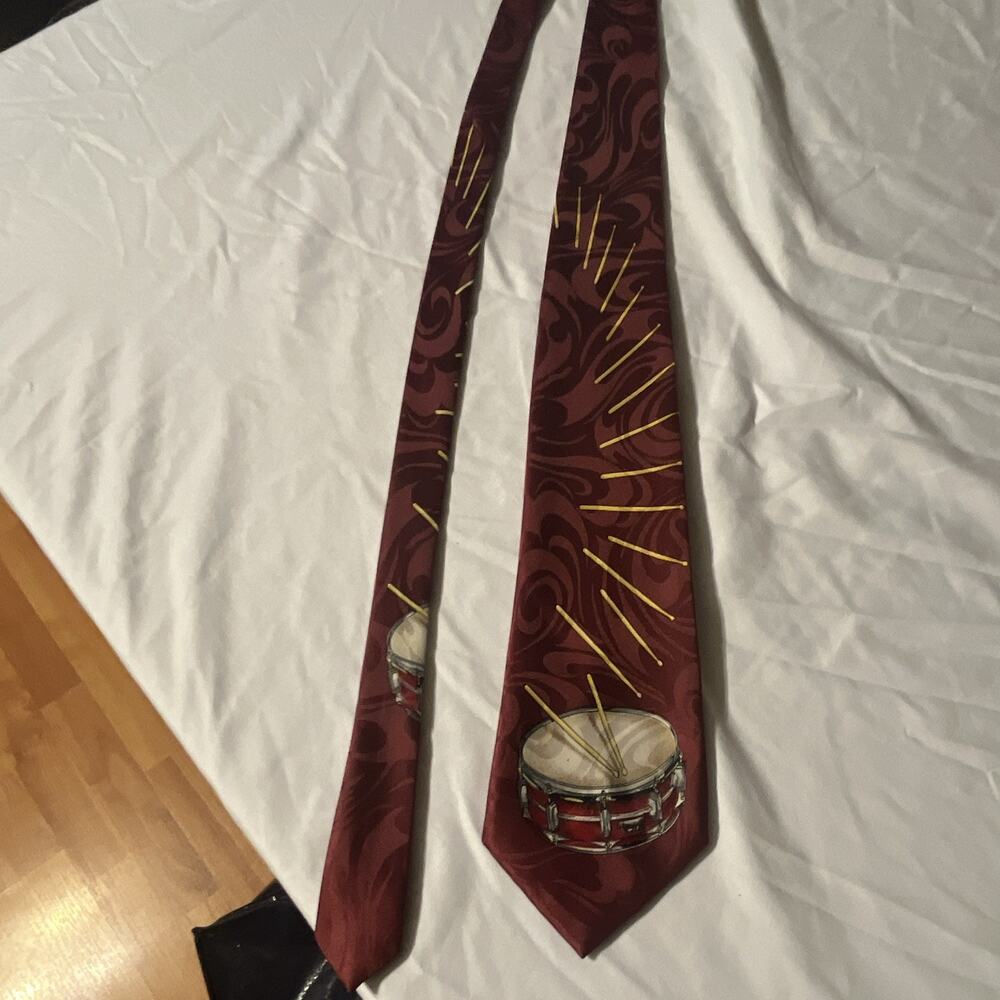 Vtg Albert Elovitz Handmade Embroidered Burgundy Music Drum Polyester Men’s Tie